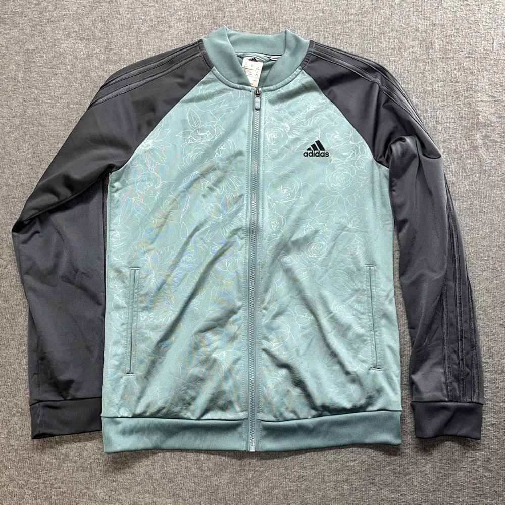 Adidas Track Jacket  Womens‎ Med Floral Embossed Black Green Full Zip 3 Stripe